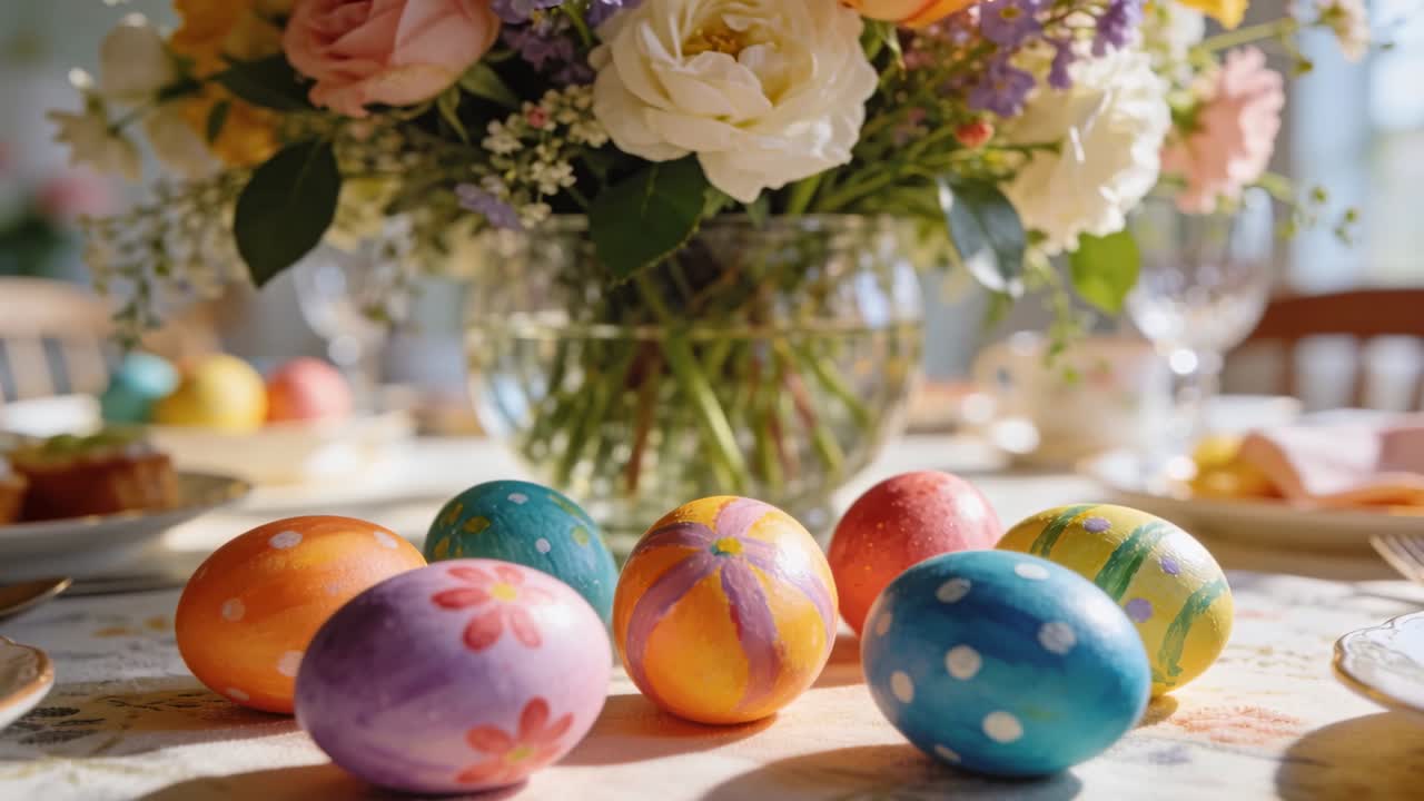 Camera shifting forward upward, bringing painted eggs into focus and revealing bouquet for Easter