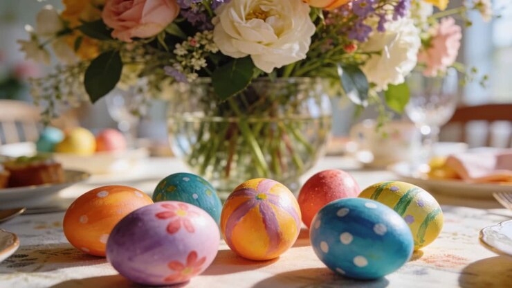 Camera shifting forward upward, bringing painted eggs into focus and revealing bouquet for Easter