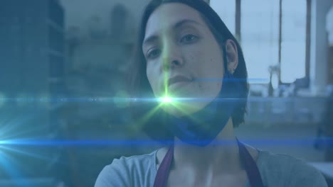 animación de luces azules sobre una mujer caucásica con máscara facial