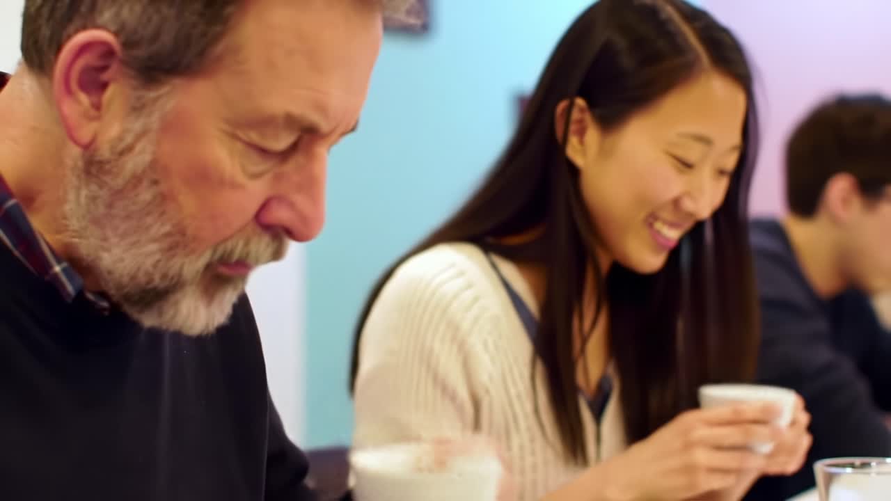 A Heartwarming Moment Between Generations: Enjoying a Shared Meal in a Cozy Setting with Family and Friends