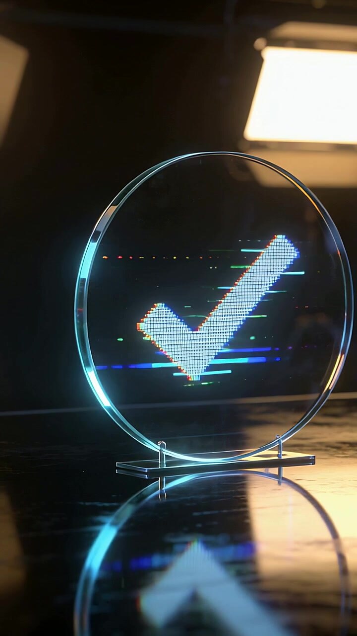 Video verticale: Mostra una targa in vetro con un controllo pixel che appare sulla scrivania, confermato da linee di scansione