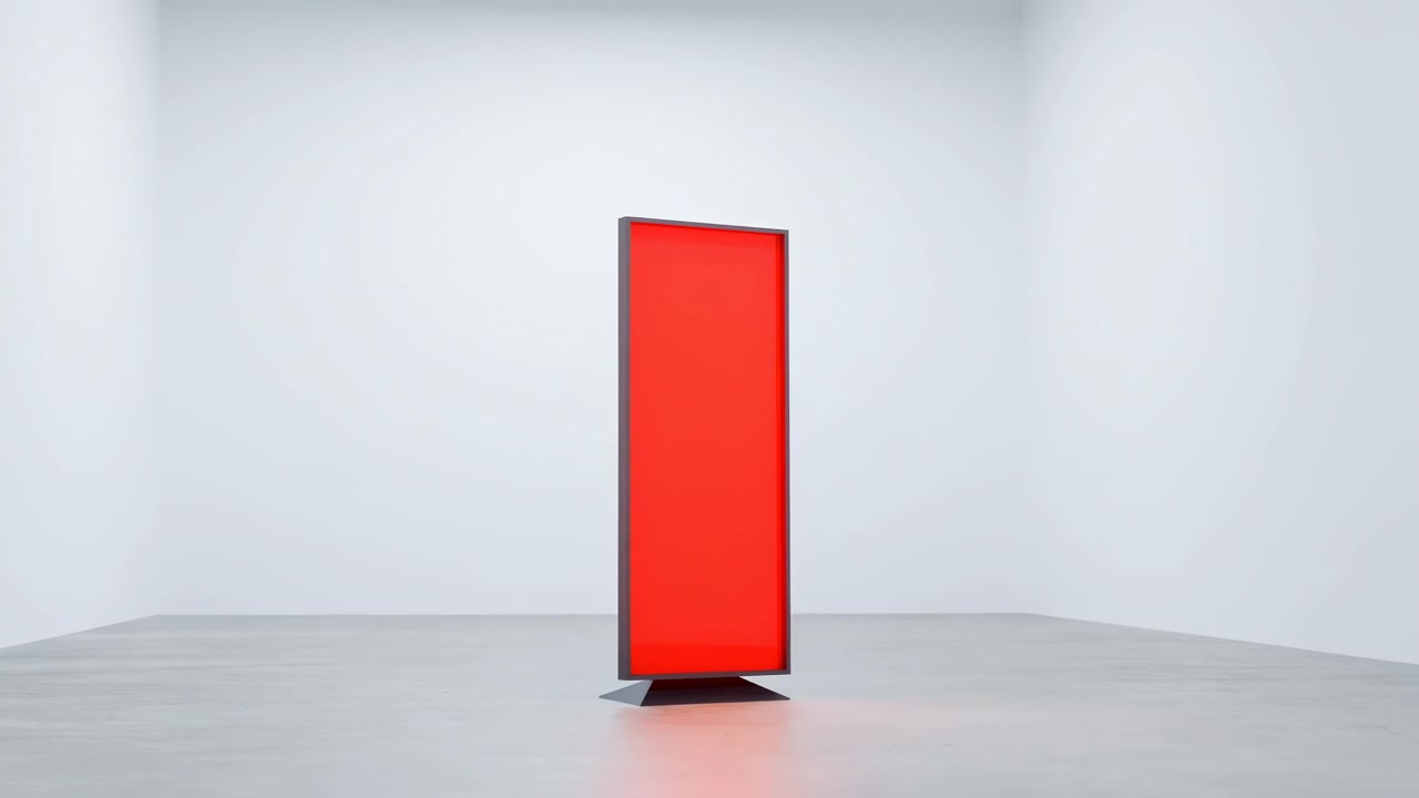 Bright red framed panel remains centered on low black pedestal while viewpoint gradually changes in minimalist white room, with pale gray floor, soft shadows, and red reflected light.