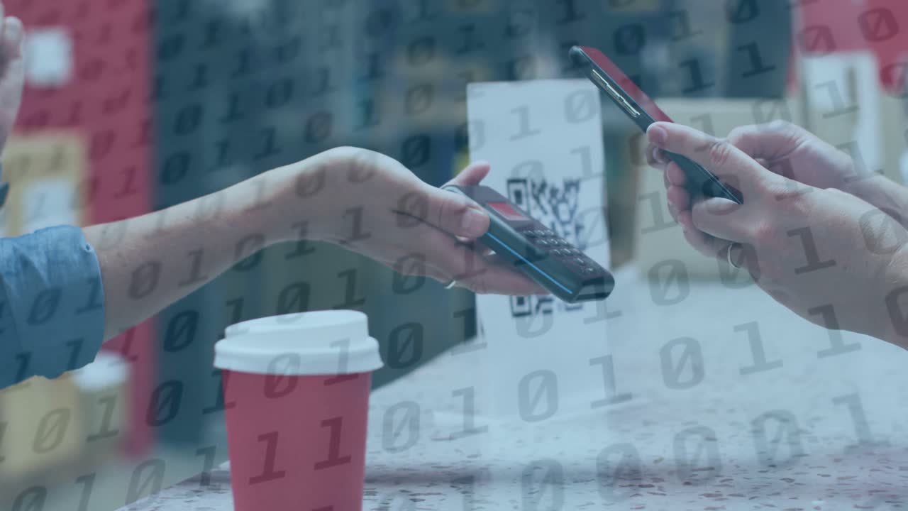 두 명의 백인 여성이 스마트폰으로 지불하는 바이너리 코딩의 애니메이션