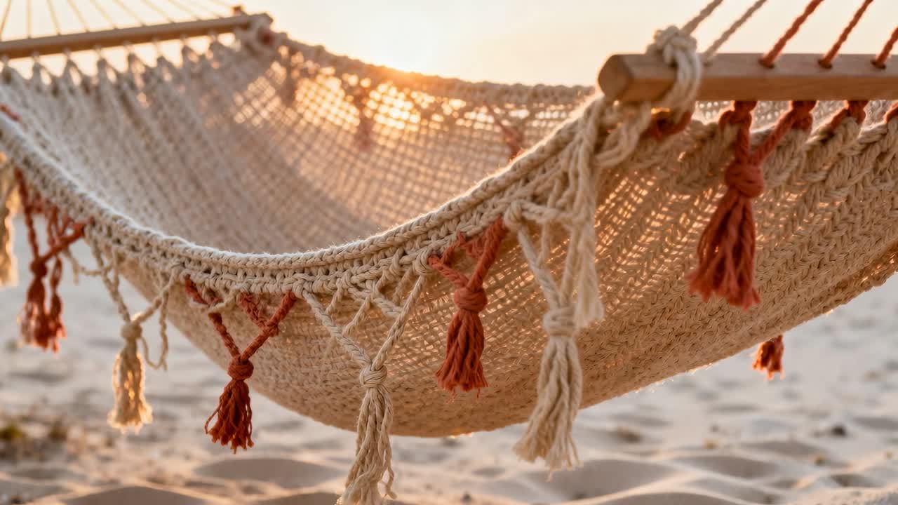Un'amaca intrecciata che ondeggia con nappe proietta un bagliore dorato sulla spiaggia mentre il sole tramonta e la brezza accarezza.