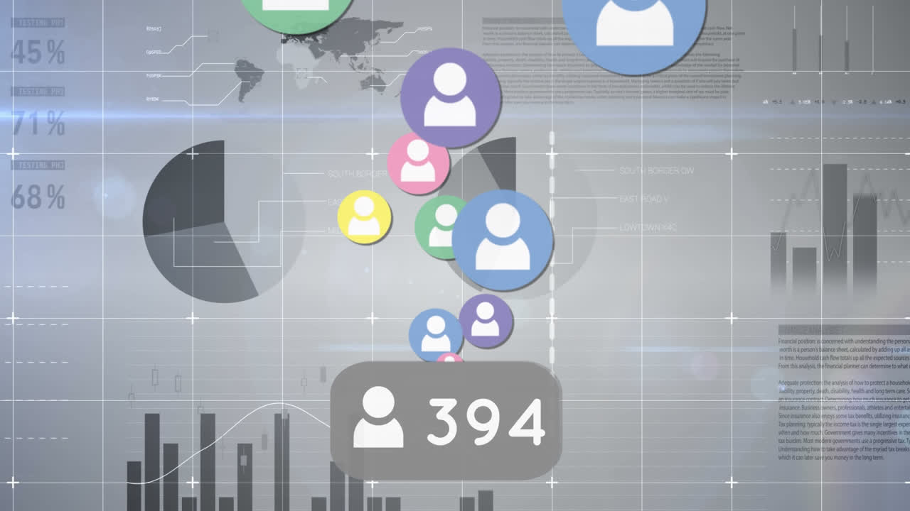 Animazione di icone di persone fluttuanti e conteggio numerico, su elaborazione dati su grafici e diagrammi