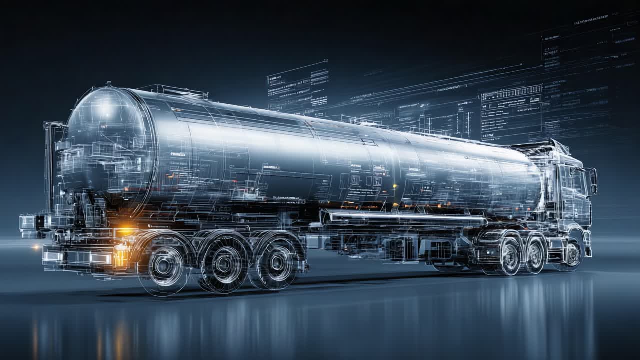 Futuristic Technology Showcase: A High-Definition Digital Rendering of a Tanker Truck, Combining Cutting-Edge Design with Innovative Engineering Elements and Real-Time Data Flow