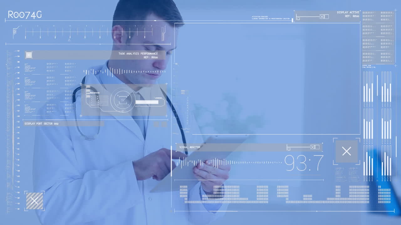 Animation of interface with data processing against caucasian male doctor using digital tablet