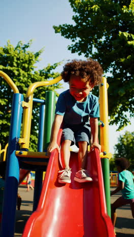 happy child playing on a slide at the playground