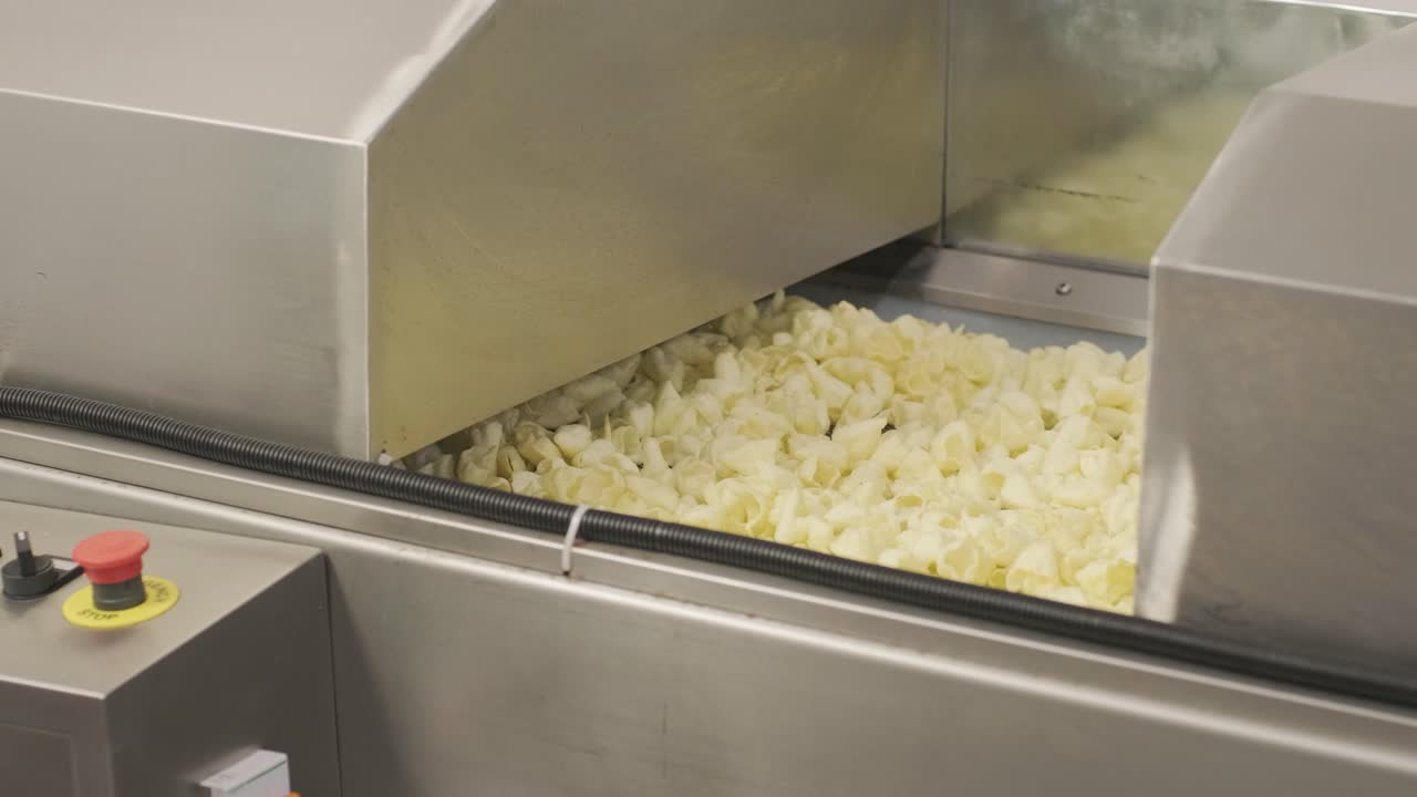 la línea de producción de la fábrica mueve las patatas fritas doradas después de freír. línea de fabricación de la fábrica de pasta