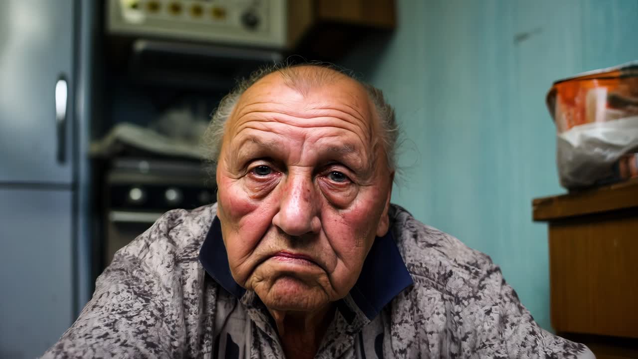 Senior individual resting quietly at kitchen counter, wearing pensive facial expression while gazing directly toward viewer, revealing emotional depth of aging experience