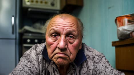 senior individual resting quietly at kitchen counter, wearing pensive facial expression while gazing directly toward viewer, revealing emotional depth of aging experience