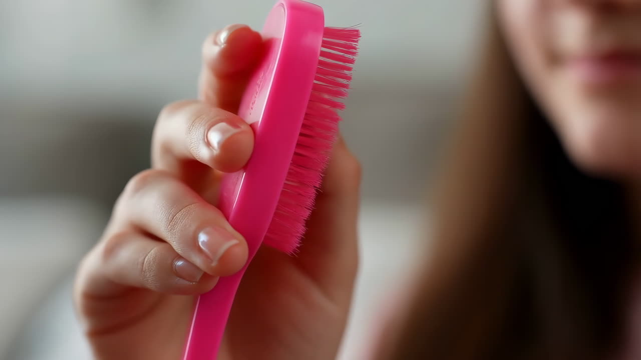 Woman holding a pink hairbrush