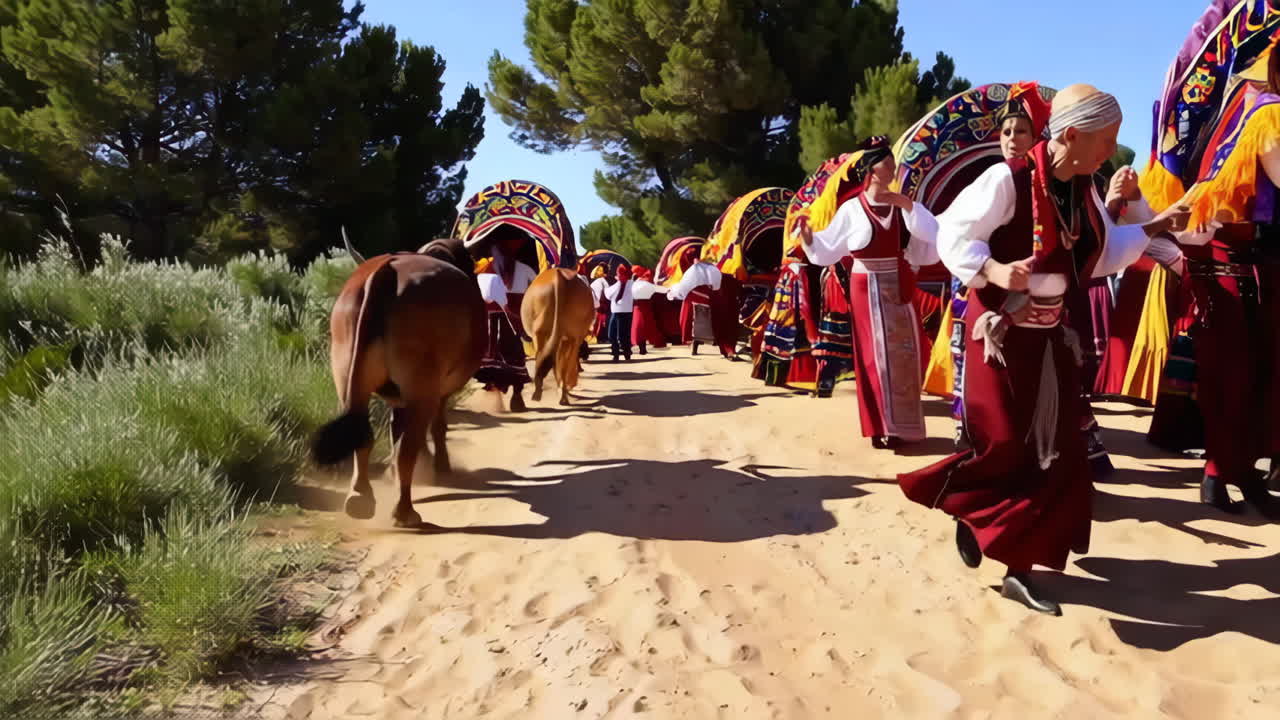 A vibrant traditional folk festival or parade with people in colorful costumes and bulls