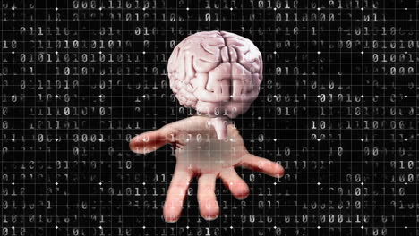 animación del procesamiento de datos de codificación binaria sobre el cerebro y la mano humanos