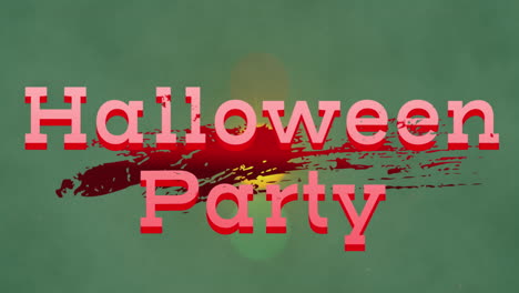 animation of halloween party text over blood stain against spots of light on green background