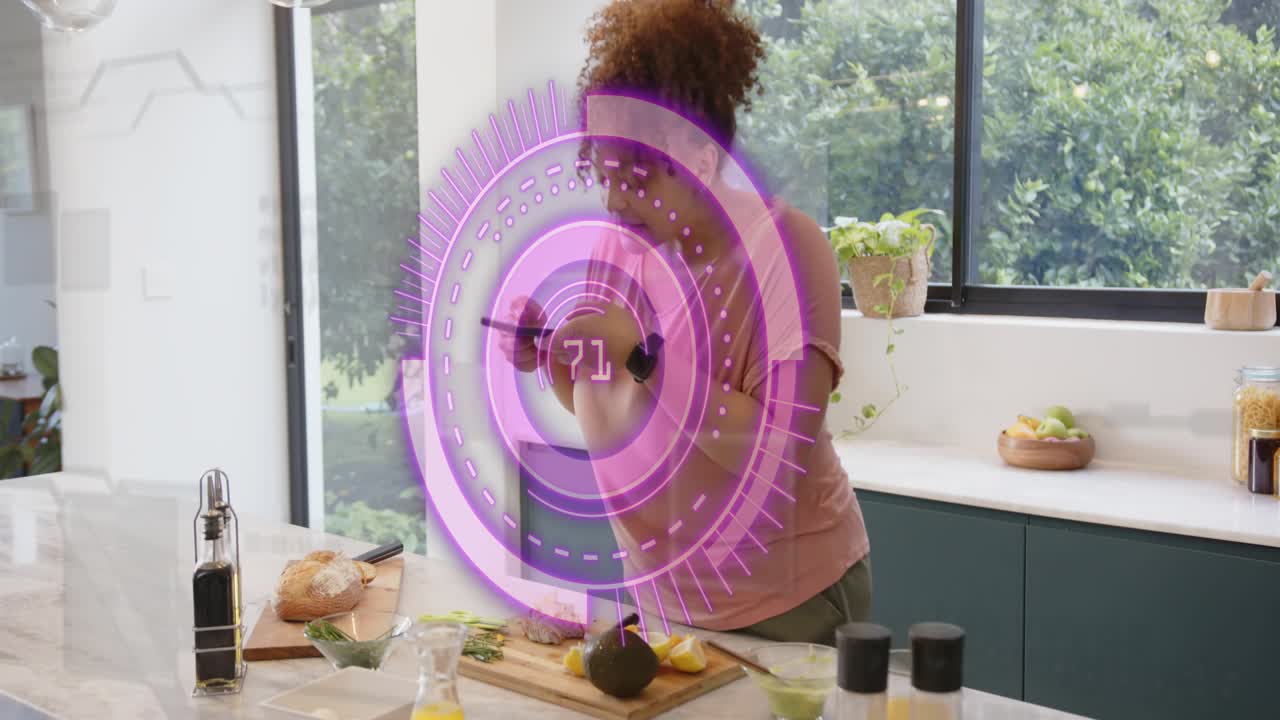 Woman cooking in kitchen, tapping phone and making purple HUD updating numbers while mixing guac