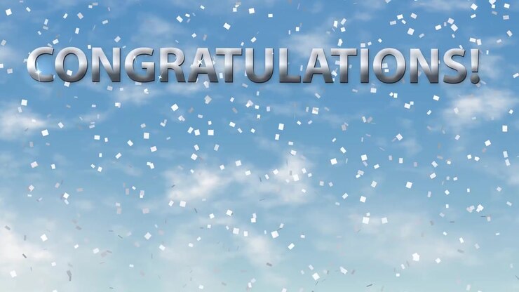 Silver confetti falls against a blue sky with drifting clouds and metallic congratulations text.