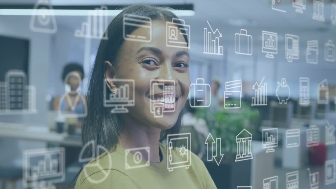 Finance bar and pie icons appearing on office glass driving woman turning grinning at camera