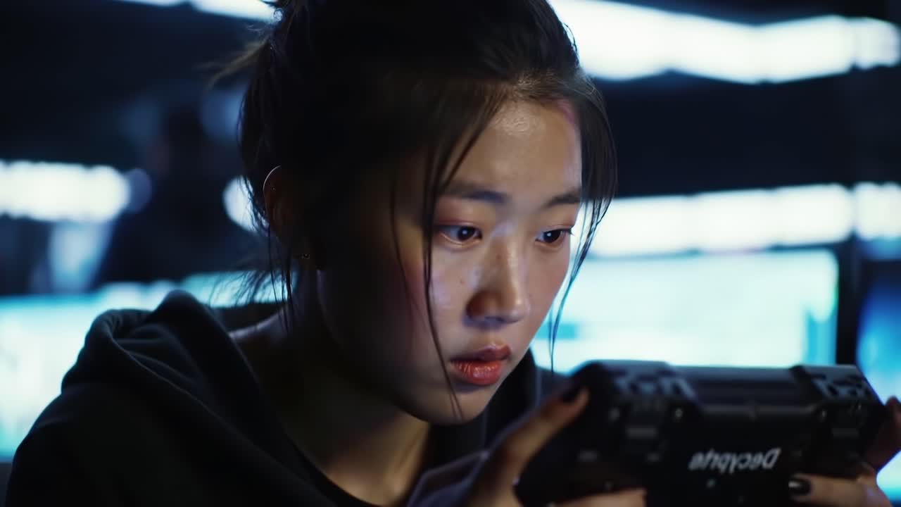 A Young Gamer Immersed in a Digital World, Fully Focused on Her Handheld Console, Surrounded by Screens, Capturing the Intensity and Emotion of Gaming Culture