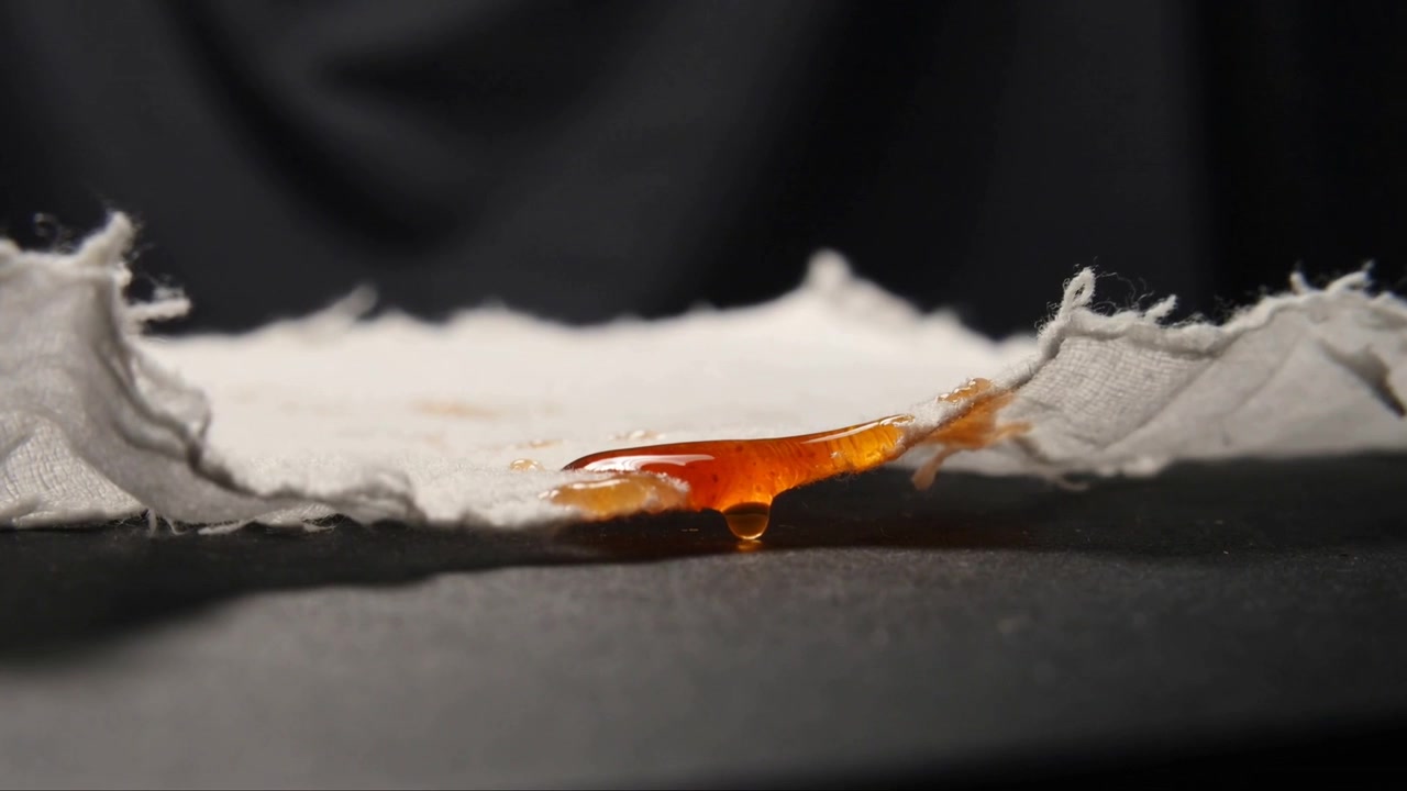 Goccia pendente di liquido ambrato che fuoriesce da uno strappo in un panno bianco su tavolo scuro, con riflessi di luce.