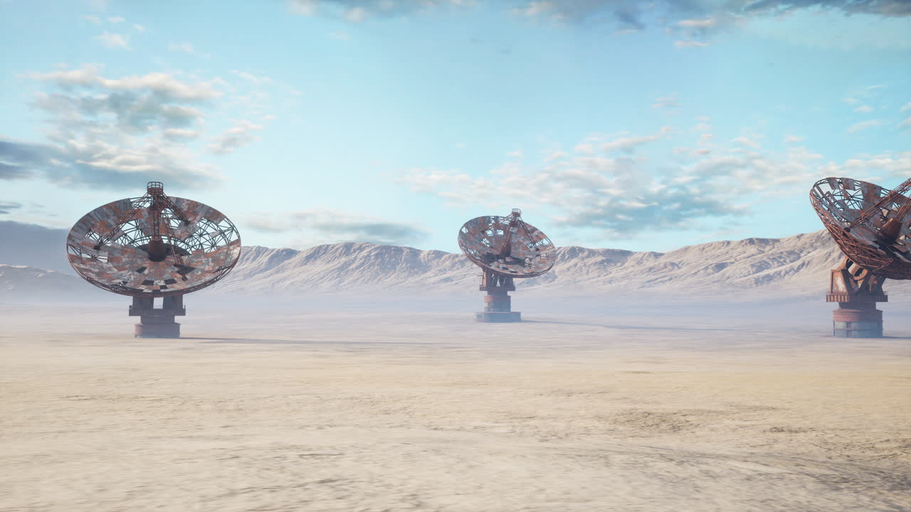 Silent technology amidst barren landscape and distant rocky ridge