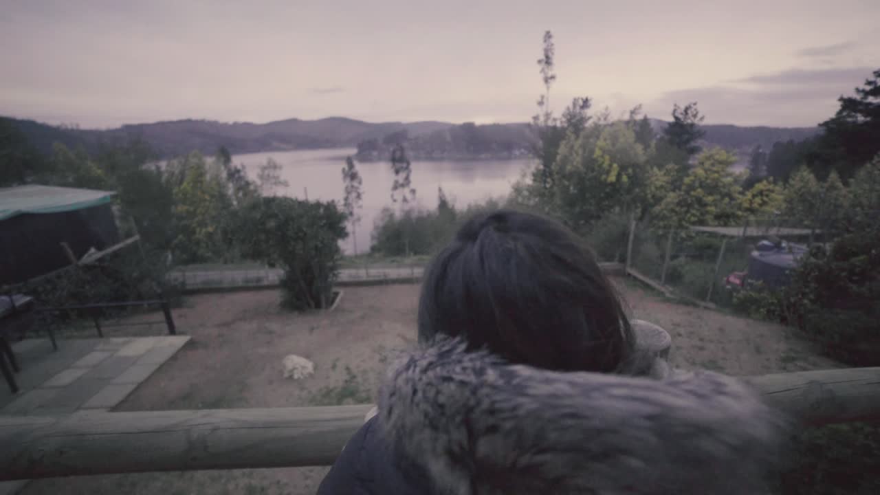 호수 앞의 여자와 그녀의 개 outdoog 집의 hd