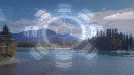 digital hud overlay streaming data bars and gridlines over mountain lake in animated 3d render