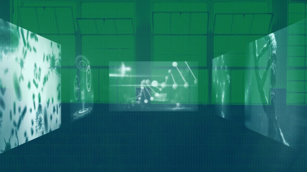 Animation of data processing on screens over blue background
