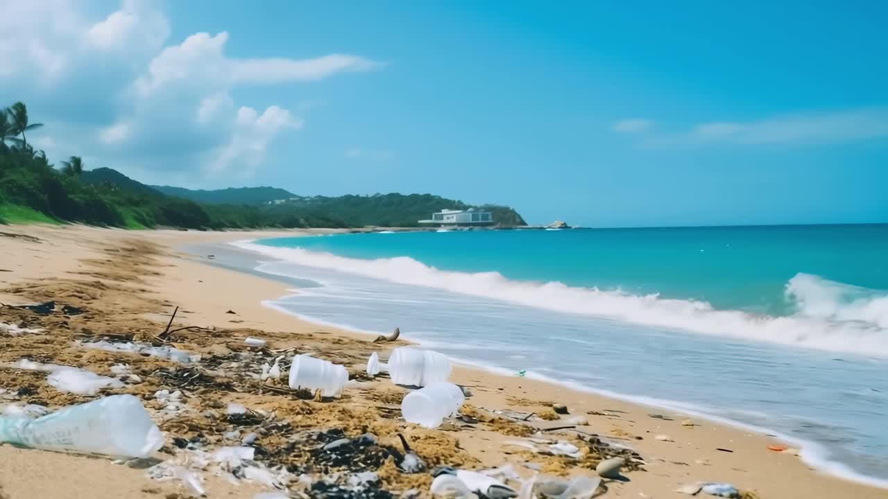 Plastic bottles and other garbage polluting a beautiful tropical beach with turquoise water and waves crashing on the shore, highlighting environmental pollution and the need for conservation