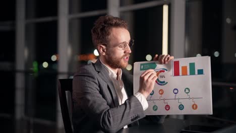 close-up portrait of handsome businessman showing on slide with infographics sitting near panoramic window of high-rise building and shooting everything on camera