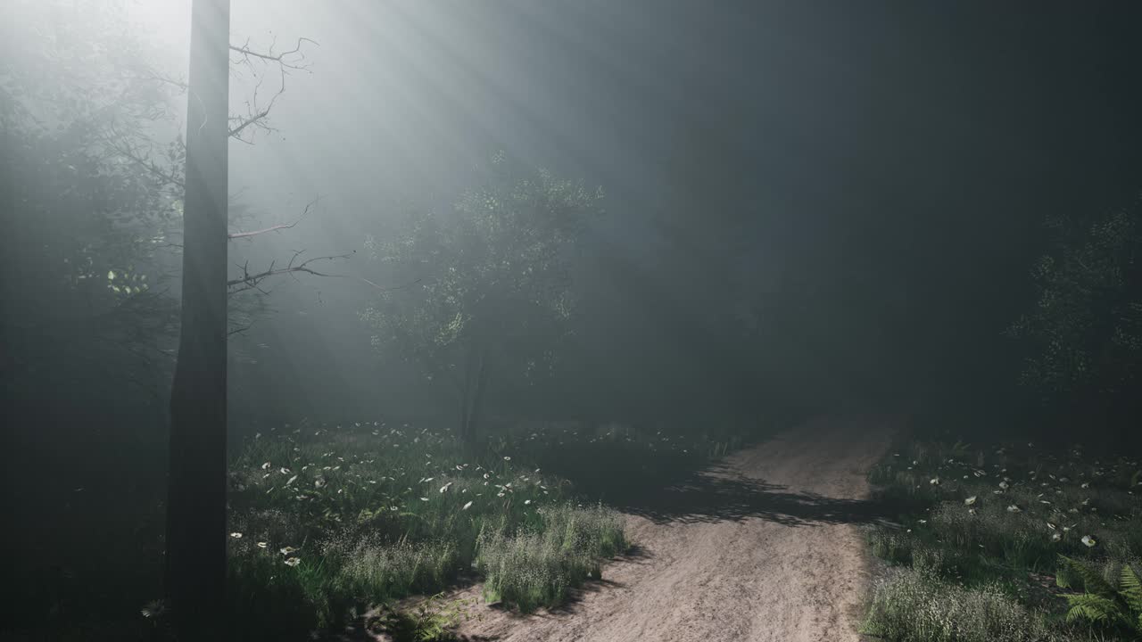 소나무 숲 에서 안개 가 가득 한 봄 아침