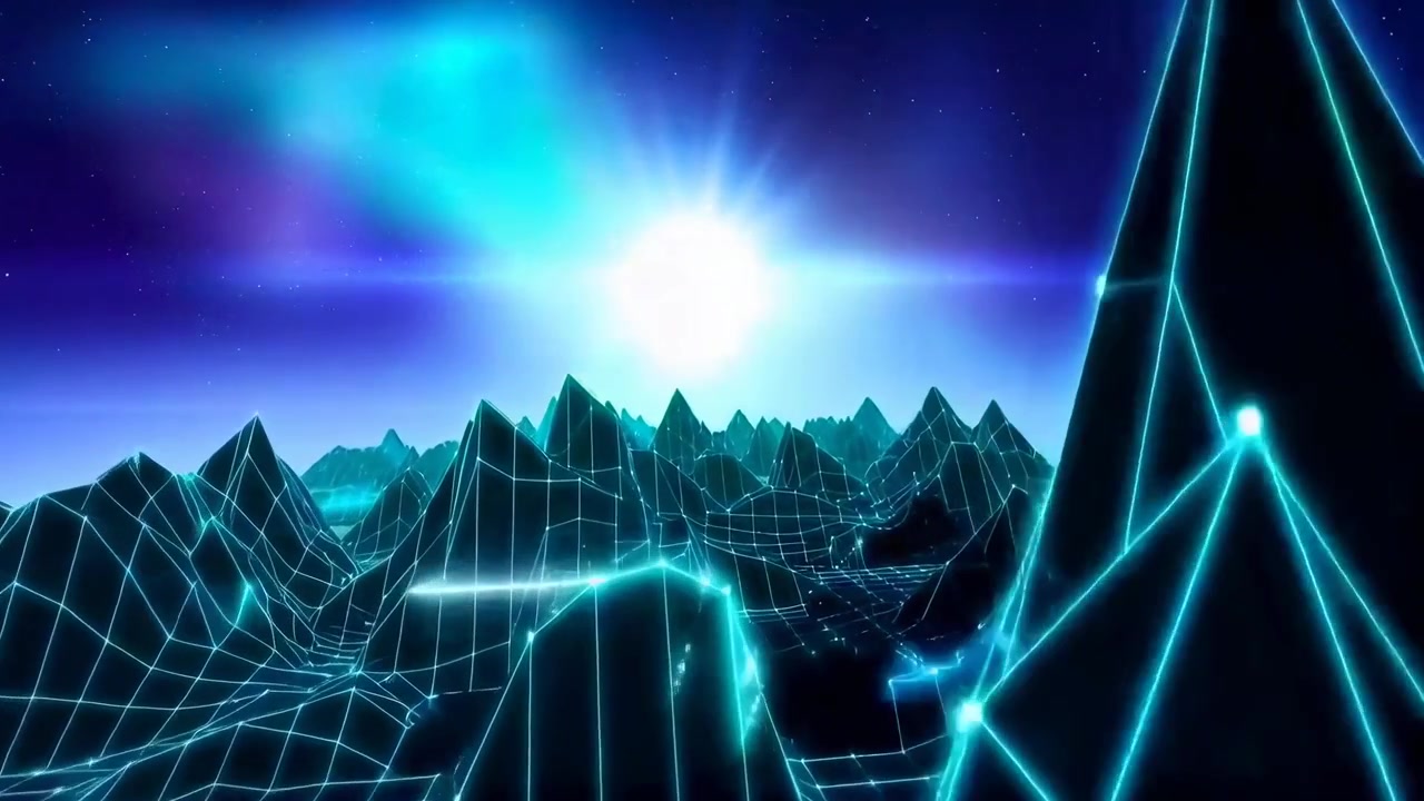 Moving Through a Retro-Futuristic Cyberspace Mountain Landscape