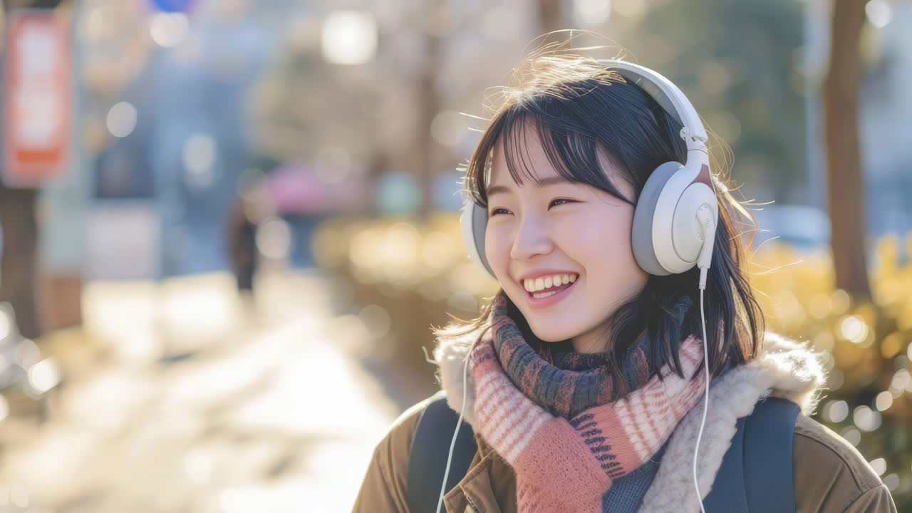 晴れた日の屋外で、ヘッドホンで音楽を聴いている楽しそうな女性。