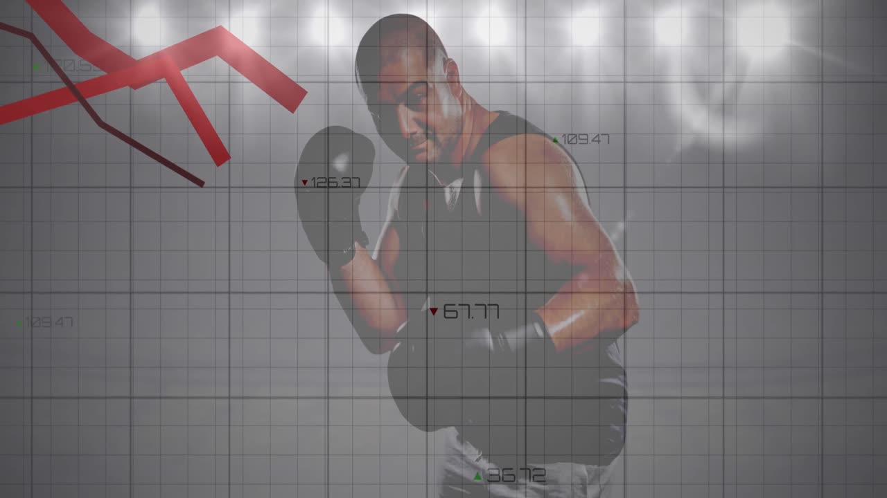 animación de gráficos y procesamiento de datos sobre boxeador masculino y reflectores