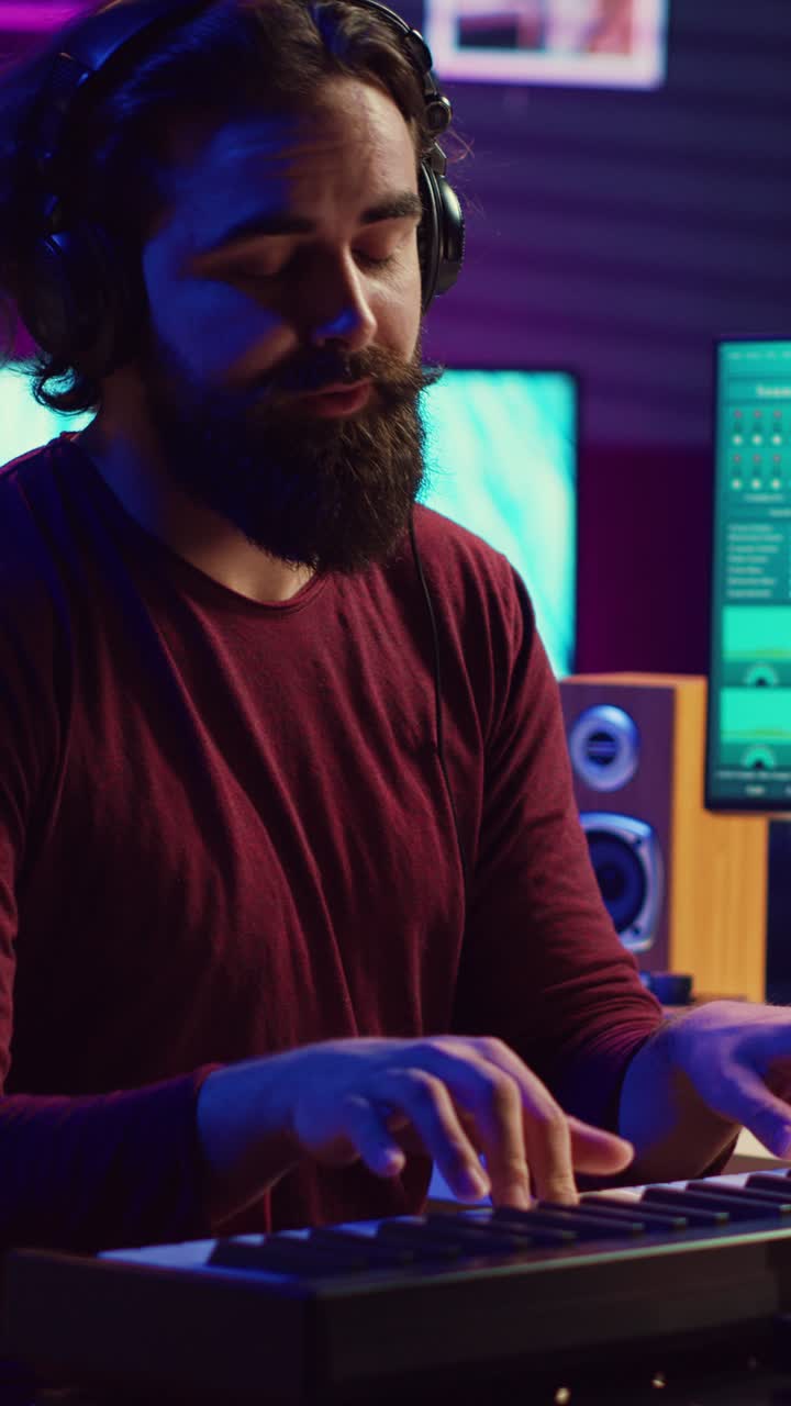 Brodaty mężczyzna grający na keyboardzie i komponujący muzykę w studiu