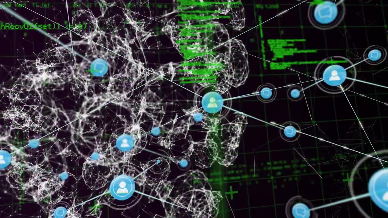 Animation of profile icons connecting dots with data processing on digital interface