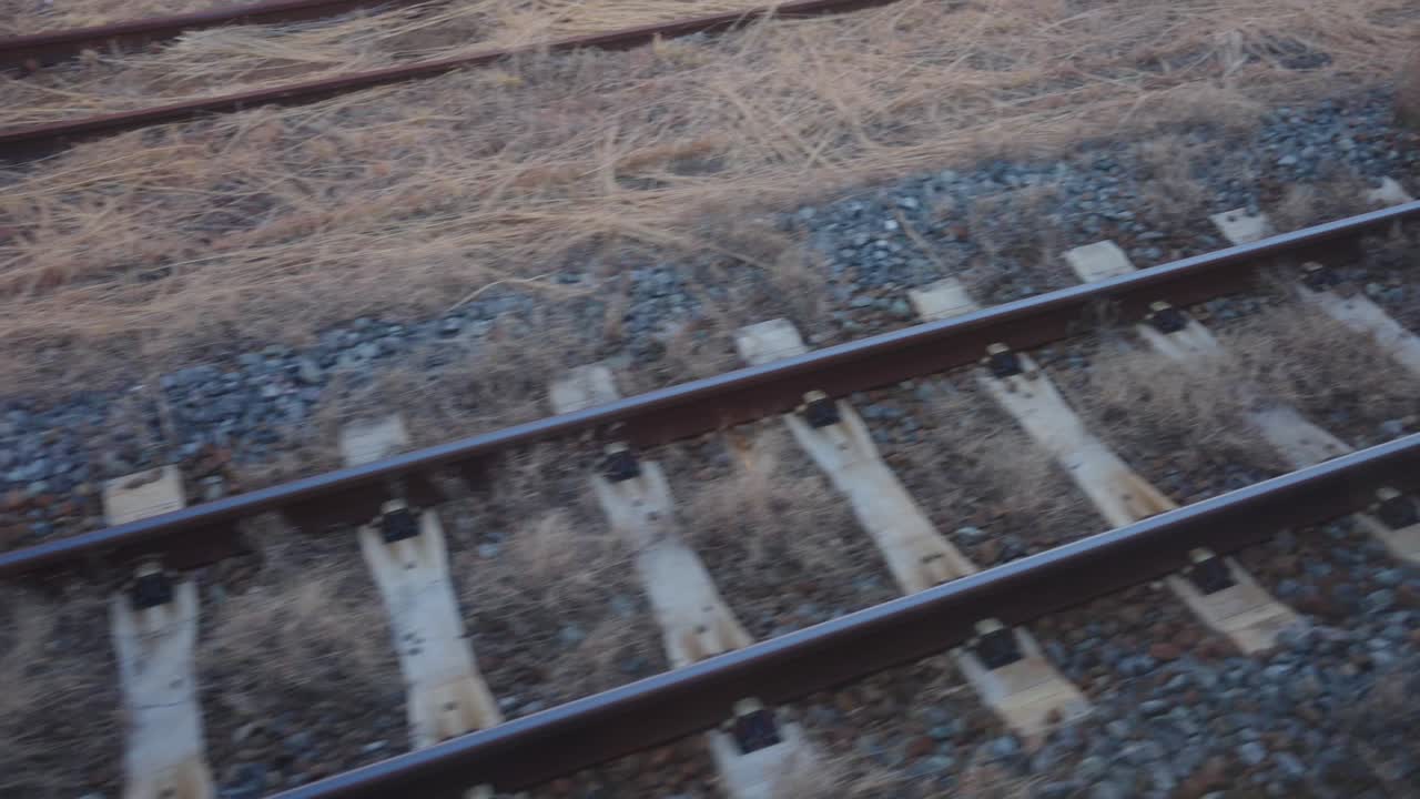 기차는 시골을 가로질러 여행할 때 움직임의 관점을 추적합니다.