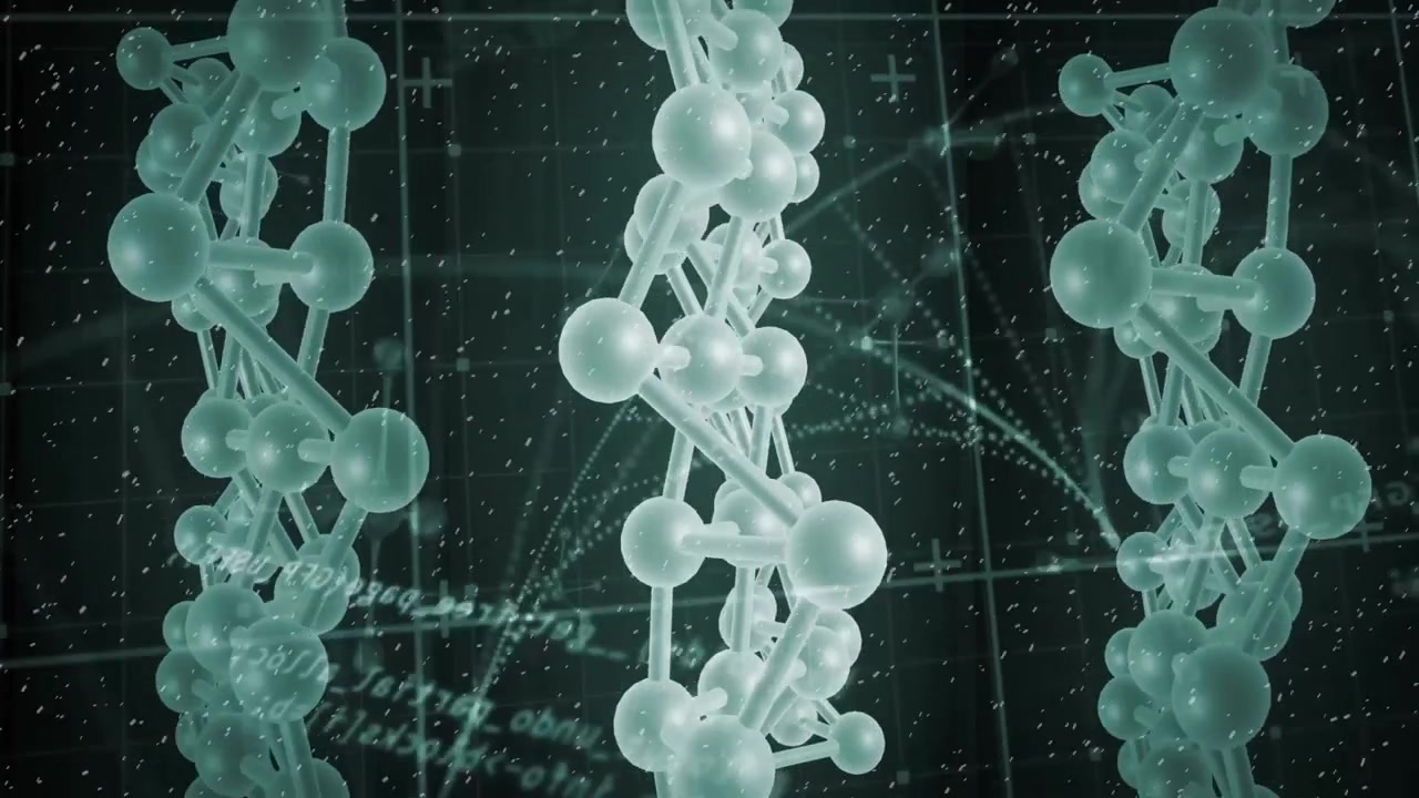 Teal molecular helices floating in 3D render grid interface, featuring glowing data overlays