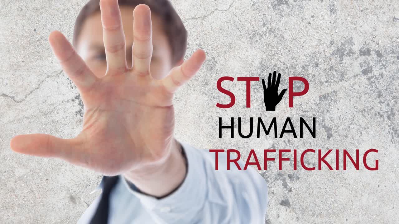 인신매매 중단 텍스트의 애니메이션 백인 남성 위에 중단 제스처