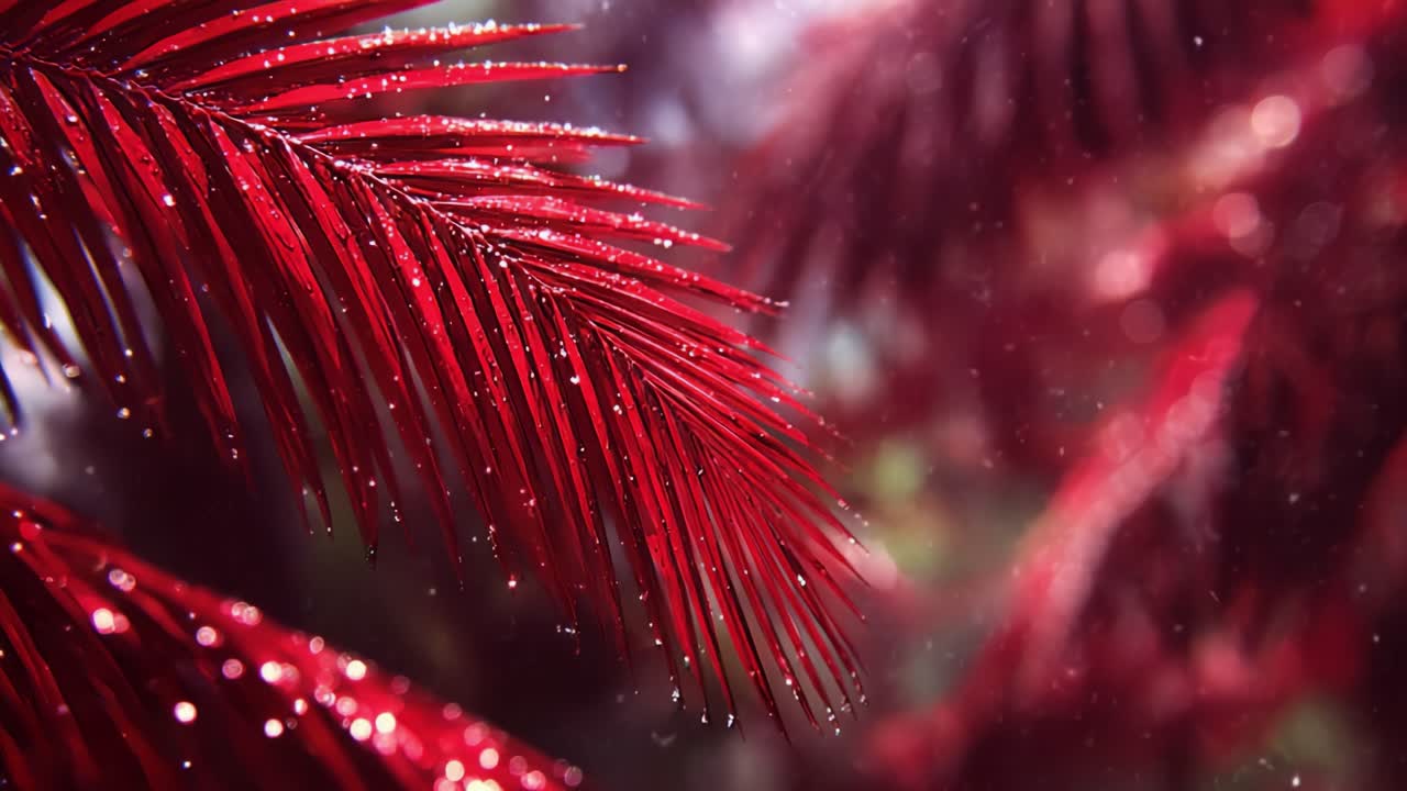 Gros plan captivant sur des feuilles de palmier rouges éclatantes rehaussées par des gouttes de pluie scintillantes, créant une esthétique naturelle enchanteresse et vibrante.