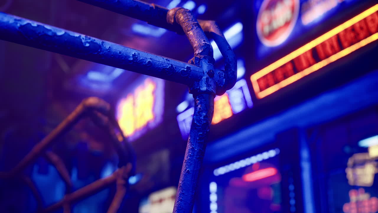 Neon lights illuminate urban alleyway with rusty railings at night