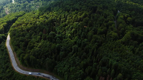amazing dark thick forests cover the rocky landscape. cars run by the highway in the woods. aerial view.