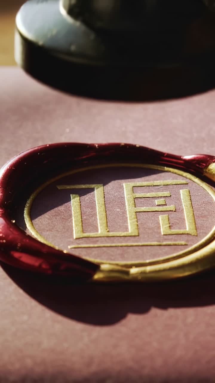 Video verticale: Pressione di un timbro sigillo su cera calda su un cartoncino bordeaux, su legno, che sigilla un emblema in lamina d'oro.