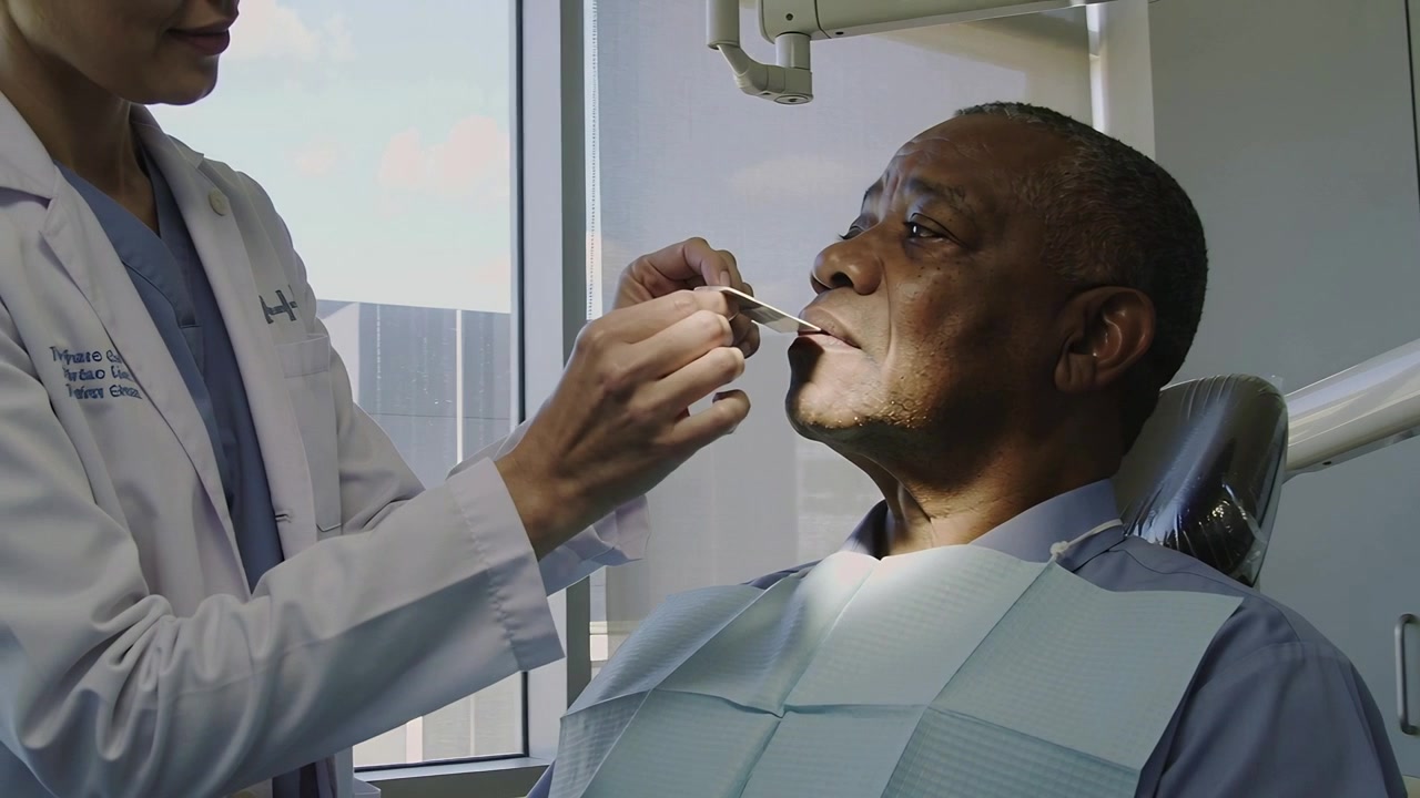 Approaching clinician in lab coat swabbing seated patient wearing bib in dental chair for sample