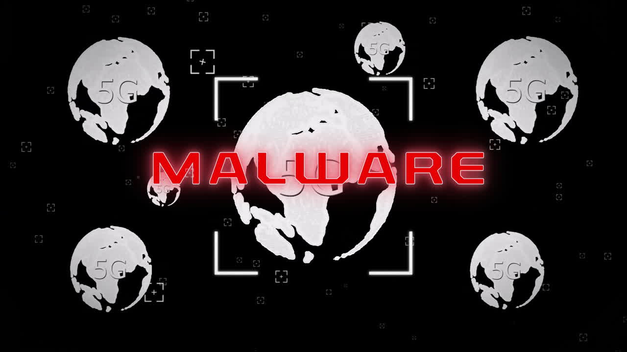 animación de texto de malware sobre múltiples íconos de globo en fondo negro