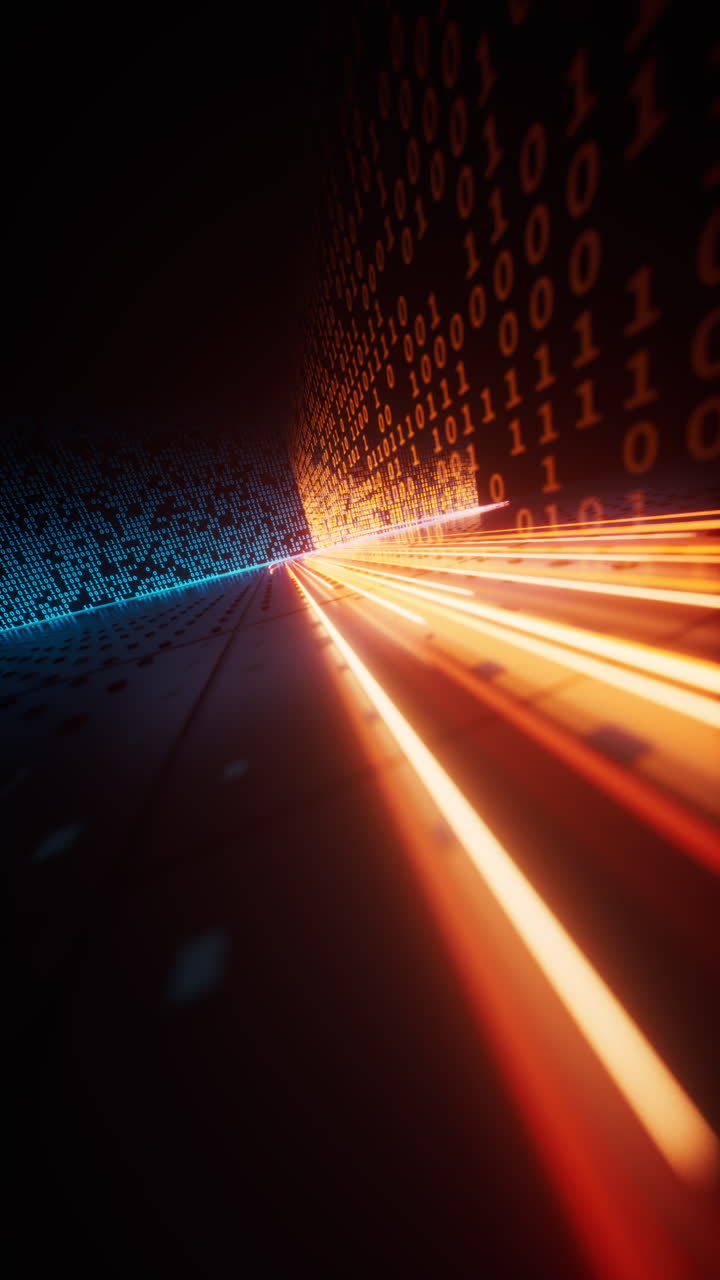 Flowing neon lines with binary data background, 3d rendering