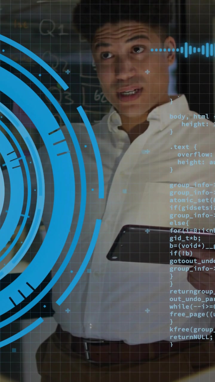 Vertical video: Tech presenter turning presenting tablet as tablet-led HUD rings and code reveal Q1