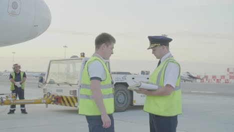 airport ground crew and pilot interacting