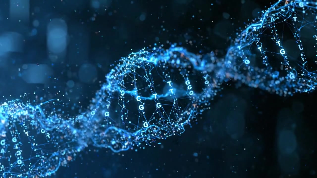 Doppia elica di DNA blu che si scompone in particelle in una visualizzazione scientifica
