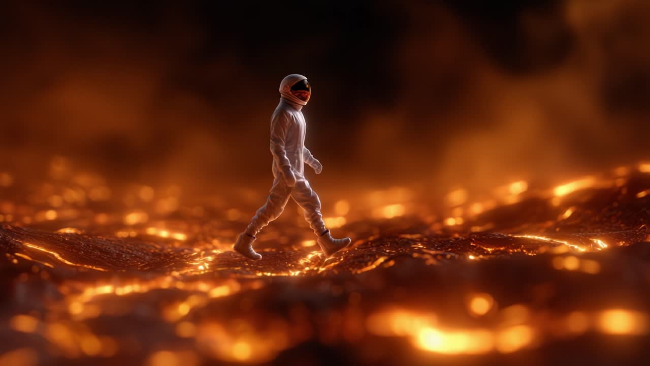 An astronaut walks across a fiery landscape of molten lava, symbolizing exploration, danger, and the challenges of venturing into unknown realms of the universe